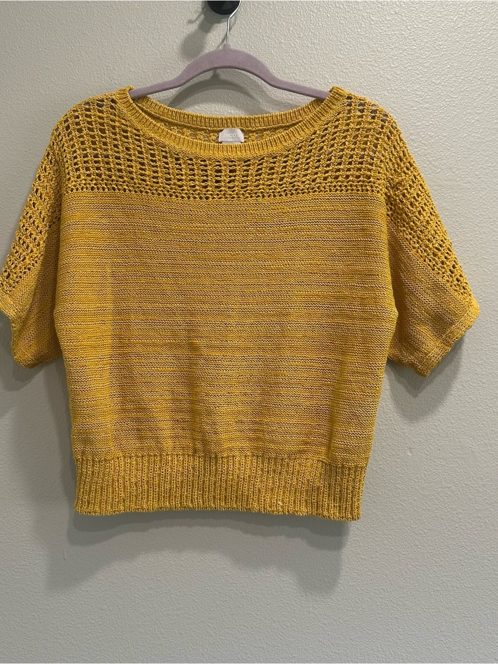 Chico’s Medium petite Women’s Short Sleeve Open-Knit Sweater - Mustard Yellow